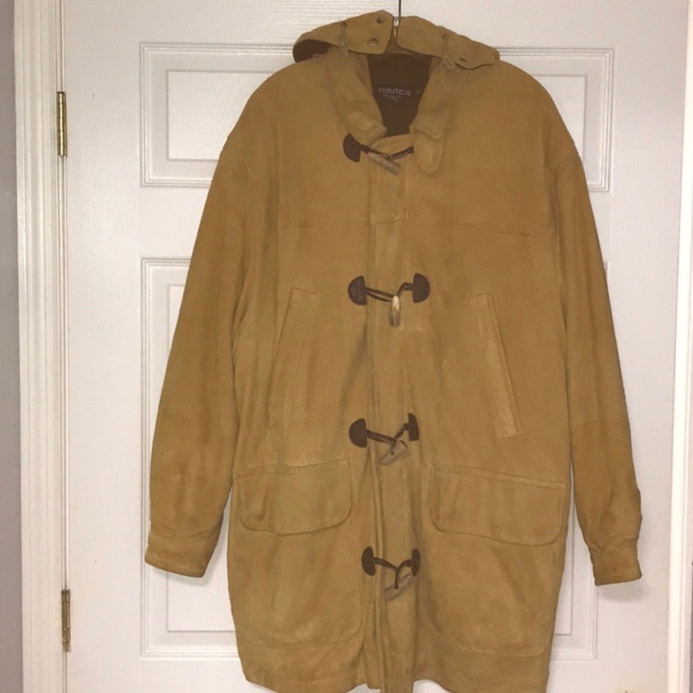 Nautica Mustard SUEDE Removable Hood Toggle Jacket men’s sz 40 Approx 35” long